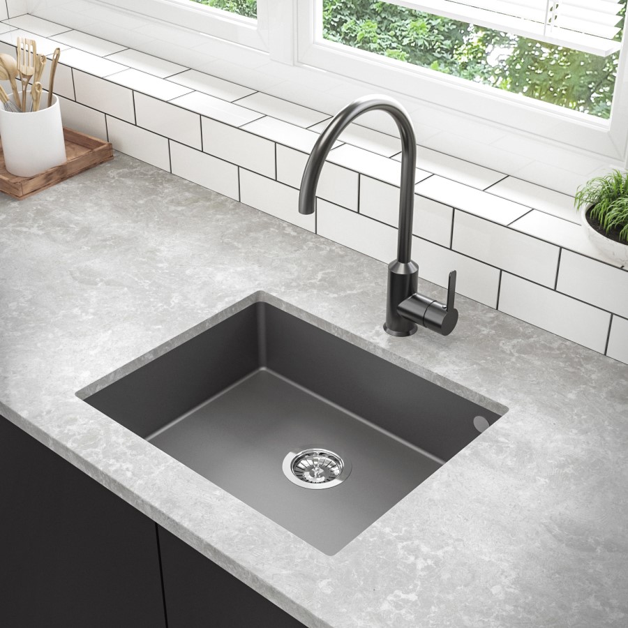 GRADE A1 - Single Bowl Undermount Grey Granite Composite Kitchen Sink - Enza Madison