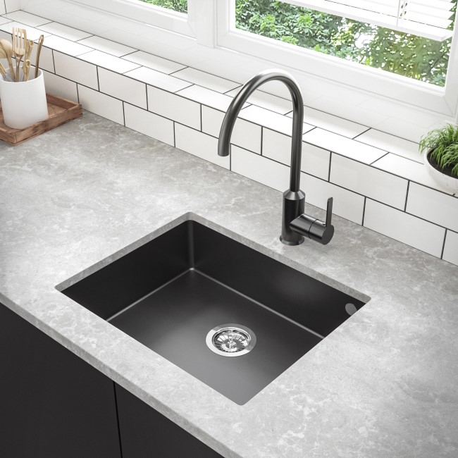 GRADE A1 - Box Opened Enza Madison Single Bowl Undermount Black Granite Composite Kitchen Sink