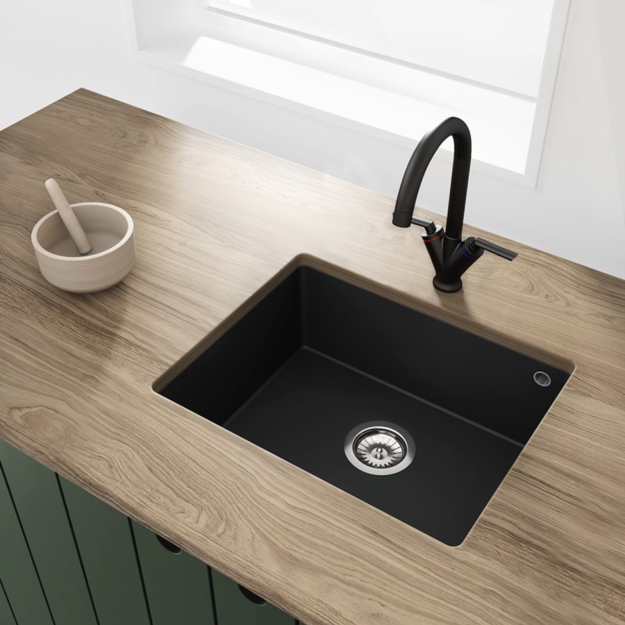 GRADE A2 - Enza Madison Single Bowl Undermount Black Granite Composite Kitchen Sink