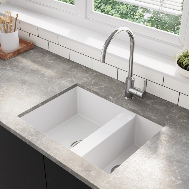 GRADE A1 - Box Opened Enza Madison 1.5 Bowl Undermount White Granite Composite Kitchen Sink Reversible