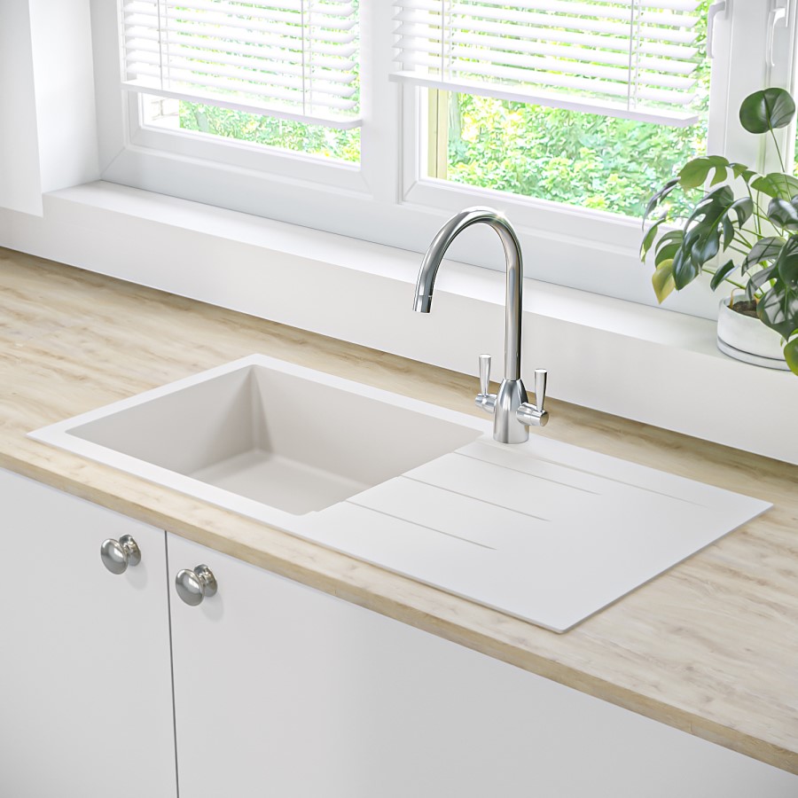 Single Bowl Inset White Granite Composite Kitchen Sink - Enza Madison