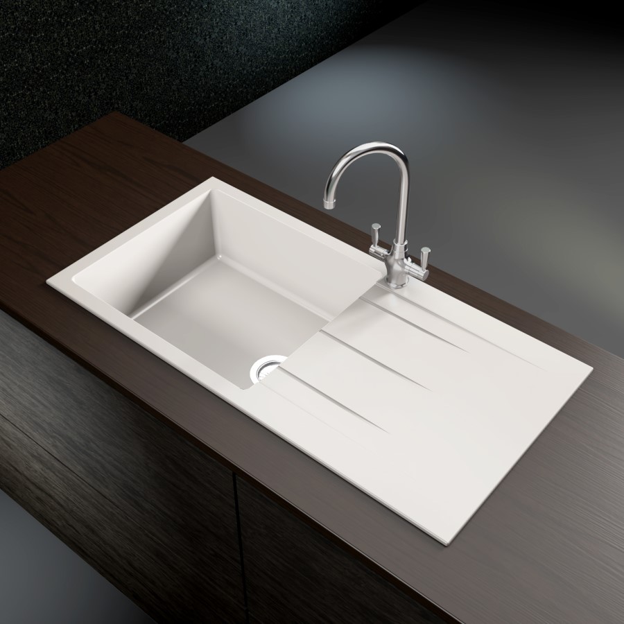 GRADE A1 - Single Bowl Inset White Granite Composite Kitchen Sink - Enza Madison