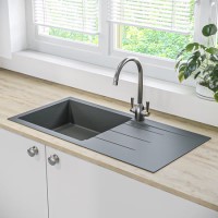 Box Opened Enza Madison Single Bowl Grey Composite Granite Kitchen Sink with Reversible Drainer Box Opened Enza Madison Single Bowl Grey Composite Granite Kitchen Sink with Reversible Drainer