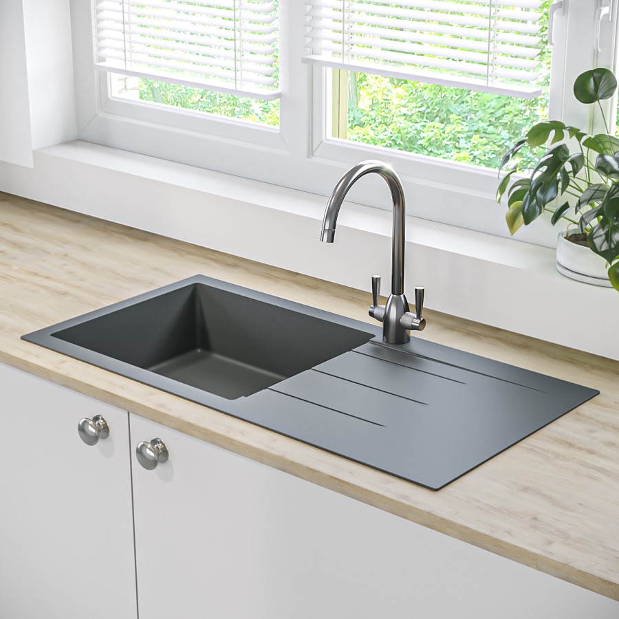 Box Opened Enza Madison Single Bowl Grey Composite Granite Kitchen Sink with Reversible Drainer