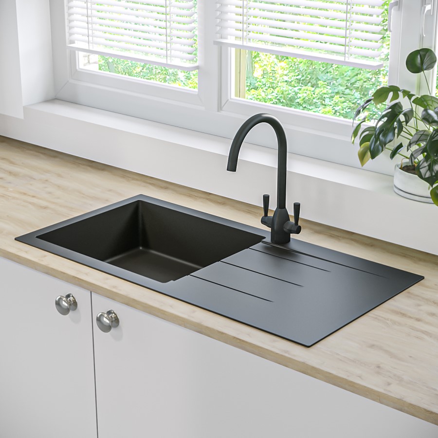 ONLY OPENED - Enza Madison Single Bowl Inset Black Granite Composite Kitchen Sink with Reversible Drainer