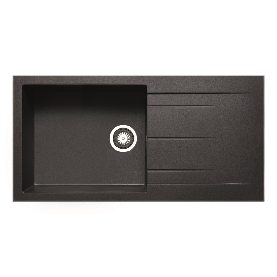 ONLY OPENED - Enza Madison Single Bowl Inset Black Granite Composite Kitchen Sink with Reversible Drainer