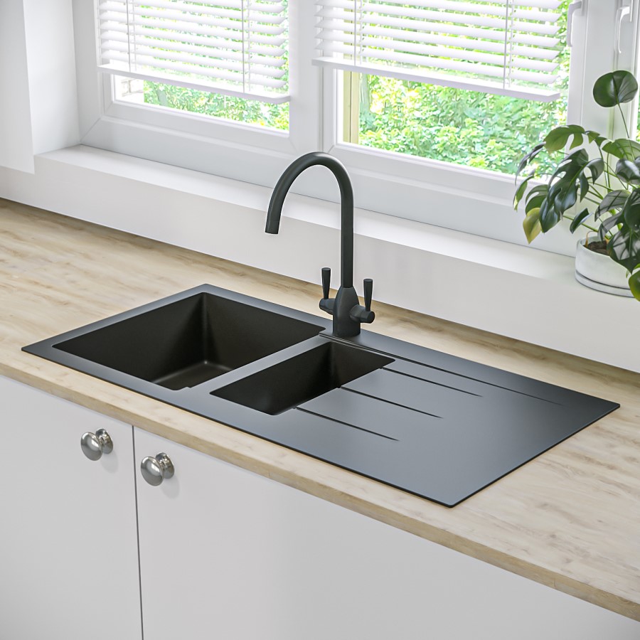 ALMOST PERFECT - 1.5 Bowl Inset Black Composite Kitchen Sink with Reversible Drainer - Enza Madison