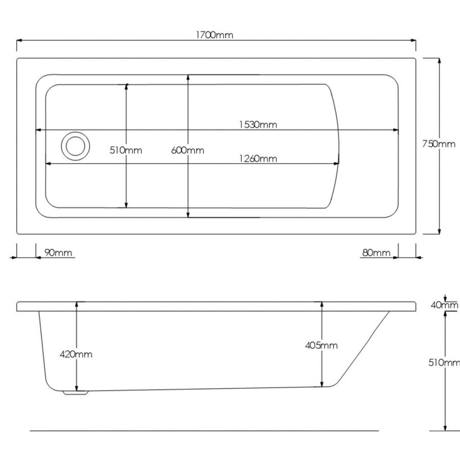 Single Ended Whirlpool Spa Bath with 14 Whirlpool & 12 Airspa Jets 1700 x 750mm - Rutland