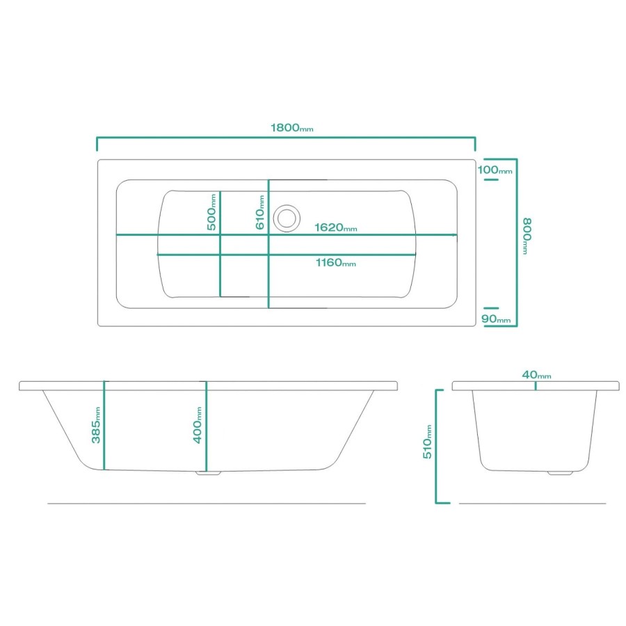 Double Ended Whirlpool Spa Bath with 14 Whirlpool & 12 Airspa Jets 1800 x 800mm - Chiltern