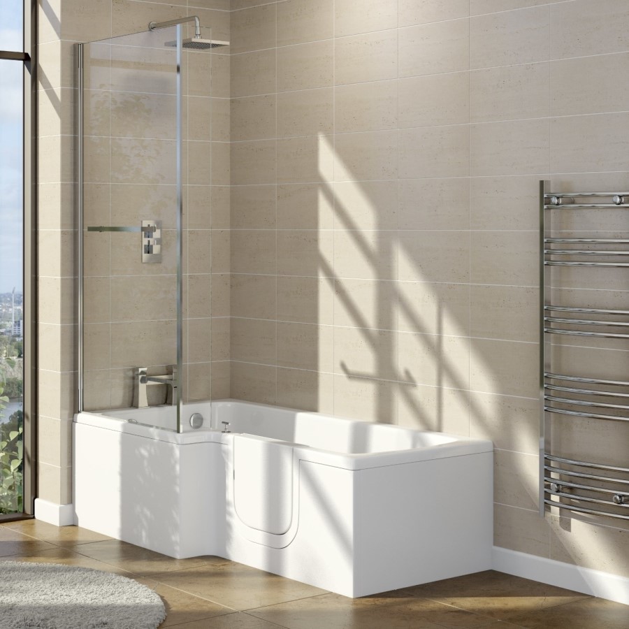 GRADE A1 - L Shape Shower Bath Left Hand with Front Panel & Bath Screen 1700 x 750mm - Yale