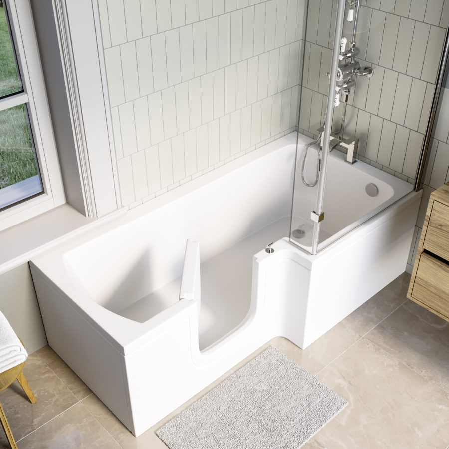 L Shape Shower Bath Left Hand with Front Panel & Bath Screen 1700 x 750mm - Yale