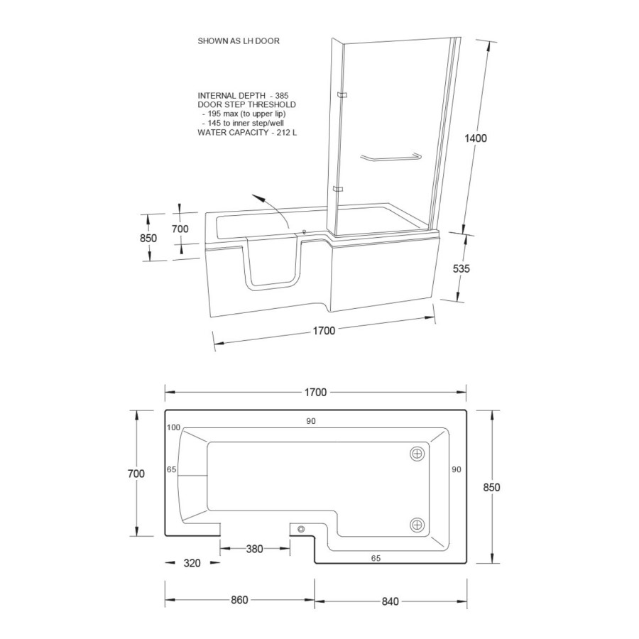 L Shape Shower Bath Left Hand with Front Panel & Bath Screen 1700 x 750mm - Yale