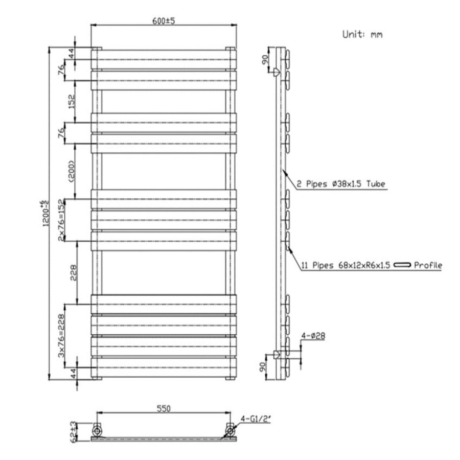 Anthracite Towel Radiator 1200 x 600mm - Tundra