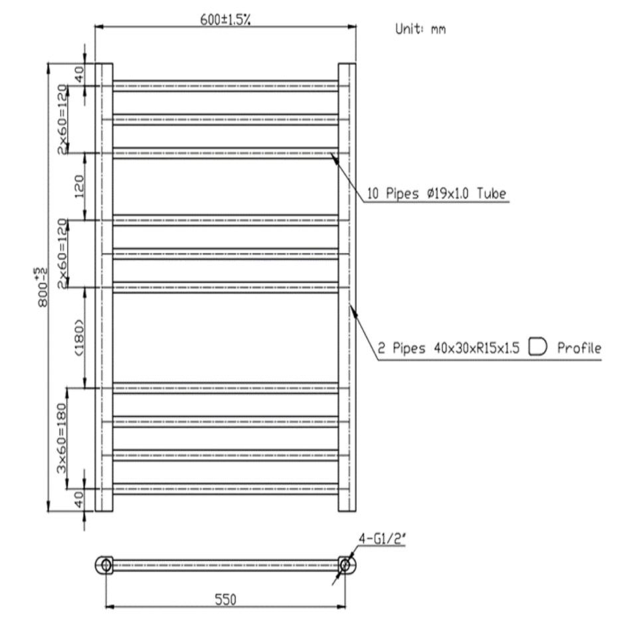 GRADE A1 - Sahara Anthracite Heated Towel Rail - 800 x 600mm