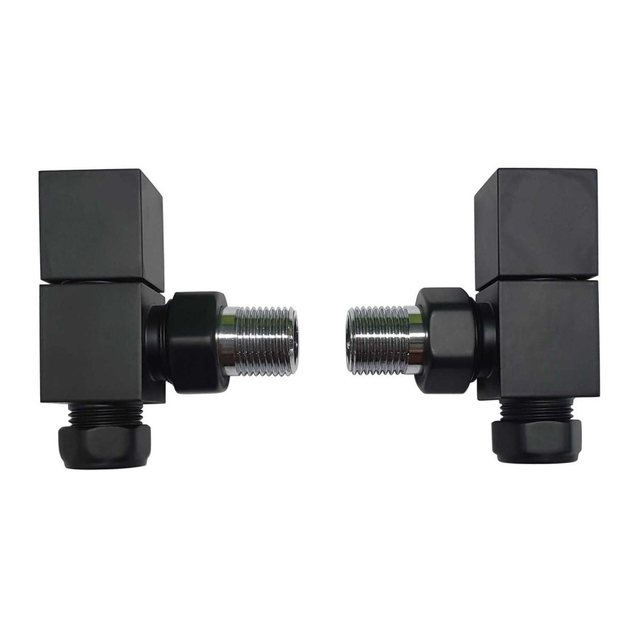 ALMOST PERFECT - Matt Black Square Angled Radiator Valves - For Pipework Which Comes From The Wall