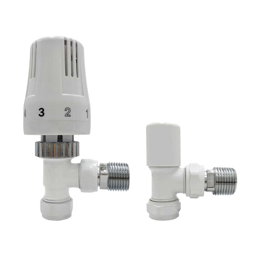 GRADE A1 - White Thermostatic Angled Radiator Valves - For Pipework Which Comes From The Wall