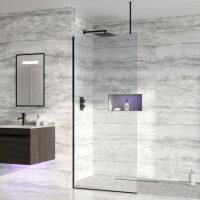 Frameless 700mm Black Wet Room Shower Screen with Ceiling Support Bar - Live Your Colour