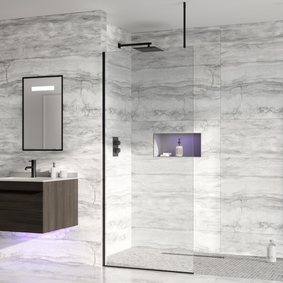 Frameless 700mm Black Wet Room Shower Screen with Ceiling Support Bar - Live Your Colour