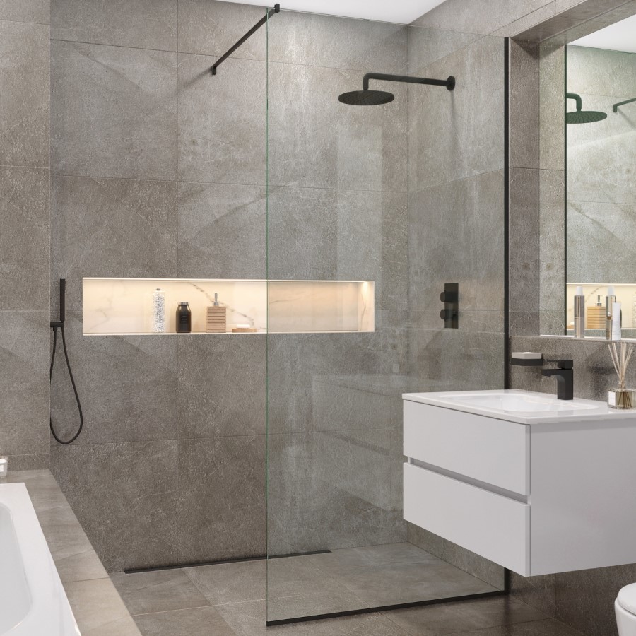 Wetroom Screen with Wall Bar 2000 x 1200mm - 8mm Glass - Black