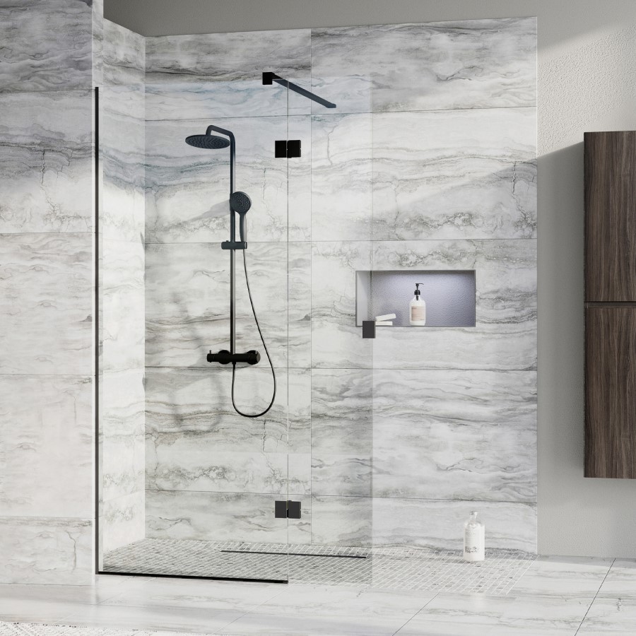 Wetroom Screen and Pivot Return Panel  900 x 350mm - 8mm Glass - Black