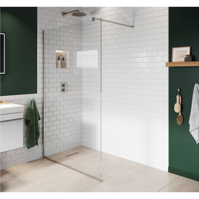 745mm Nickel Frameless Wet Room Shower Screen with Wall Support Bar - Live Your Colour