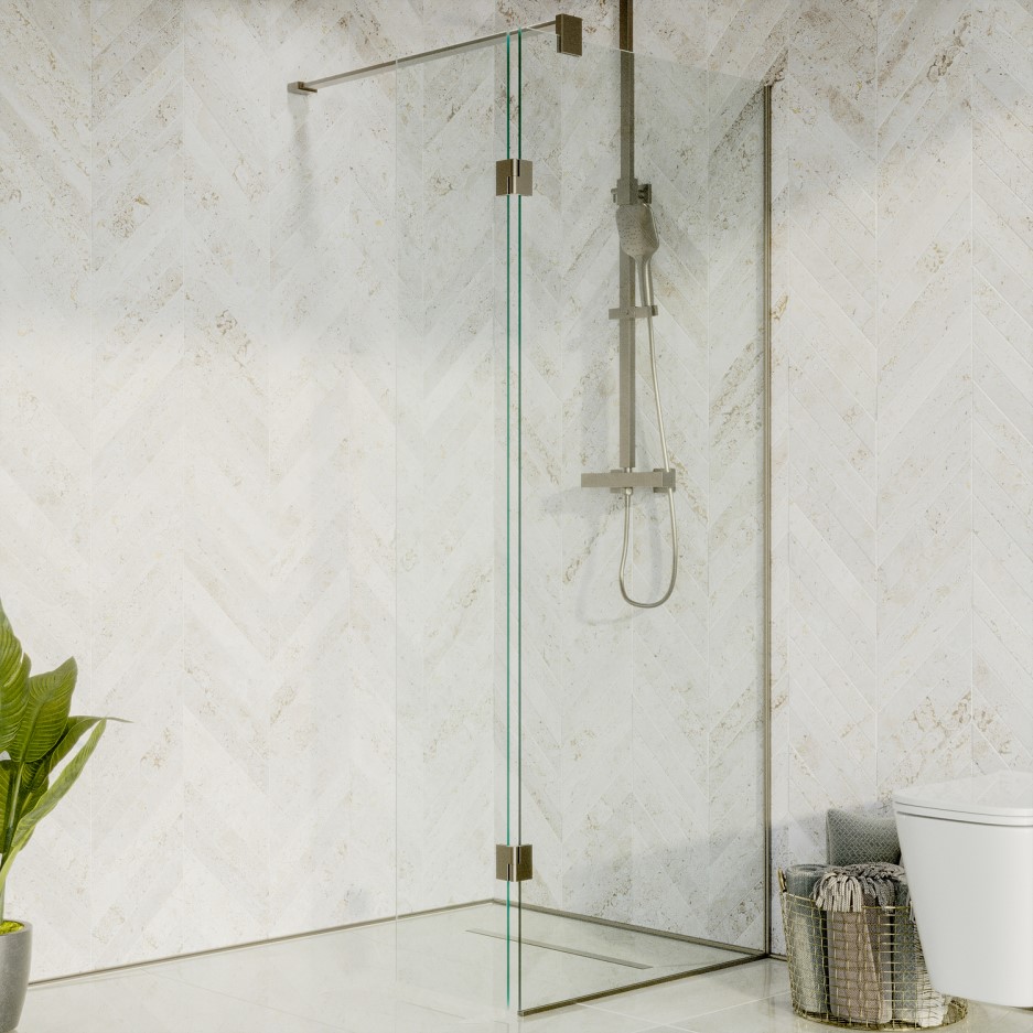 Nickel 700mm Wet Room Shower Screen with Wall Support Bar & Pivot