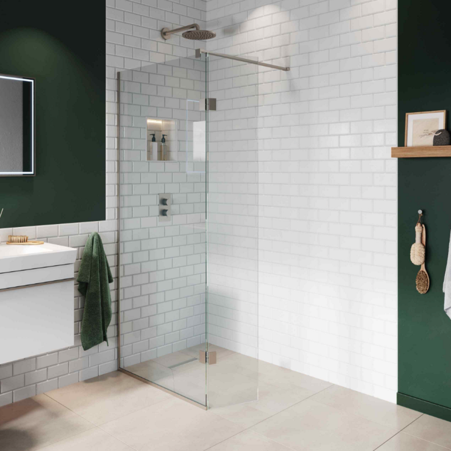 700mm Nickel Shower Screen for Wet Room & Walk In Shower with 350mm Hinged Flipper Panel - Live Your Colour