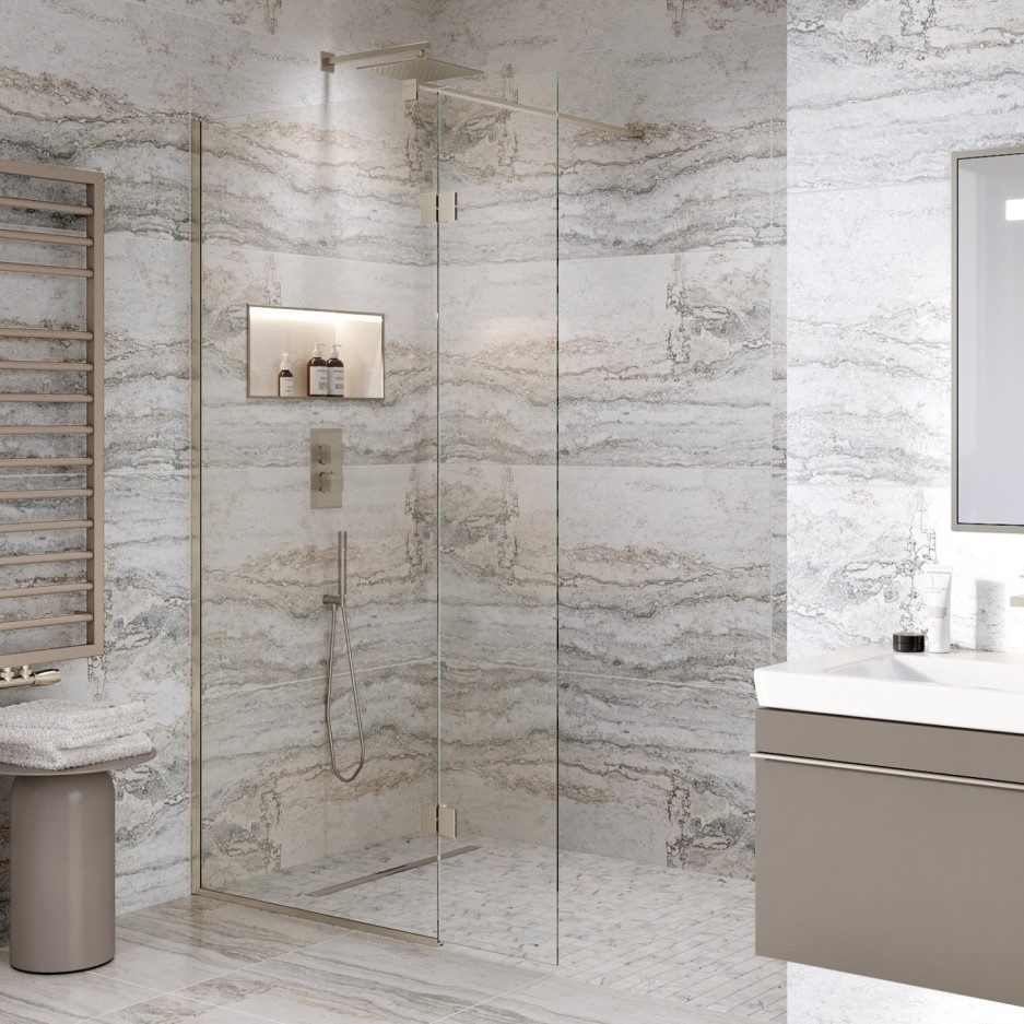 Wetroom Screen and Pivot Return Panel 700 x 350mm 8mm Glass Brushed