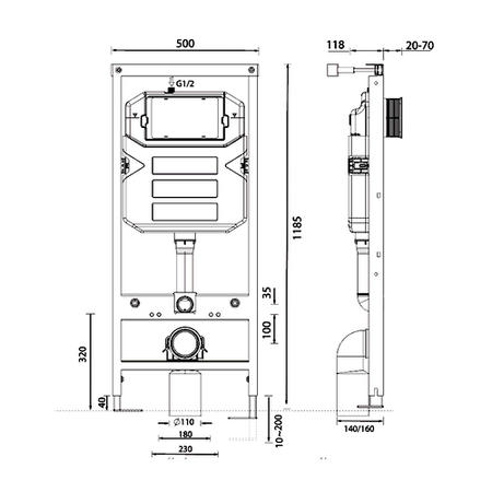 1180mm Wall Mounted WC Frame with Dual Flush Cistern