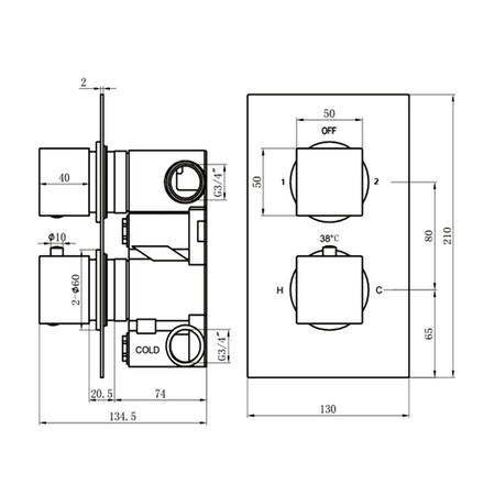 Brushed Nickel Twin Outlet Square Thermostatic Shower Valve