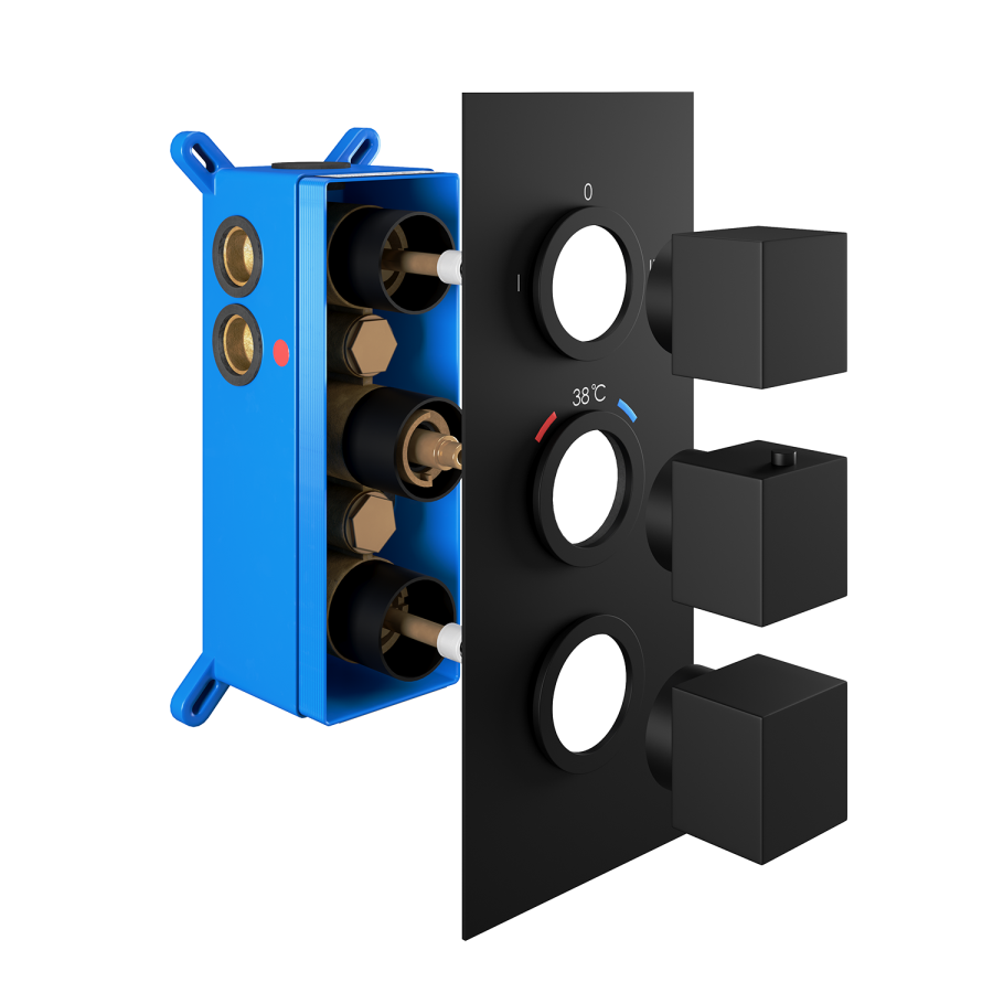 Black Triple Outlet Square Thermostatic Shower Valve