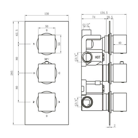 Black Triple Outlet Square Thermostatic Shower Valve