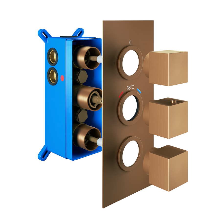 Brushed Bronze Triple Outlet Square Thermostatic Shower Valve