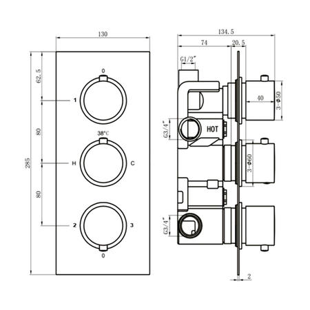 Chrome Triple Outlet Round Thermostatic Shower Valve
