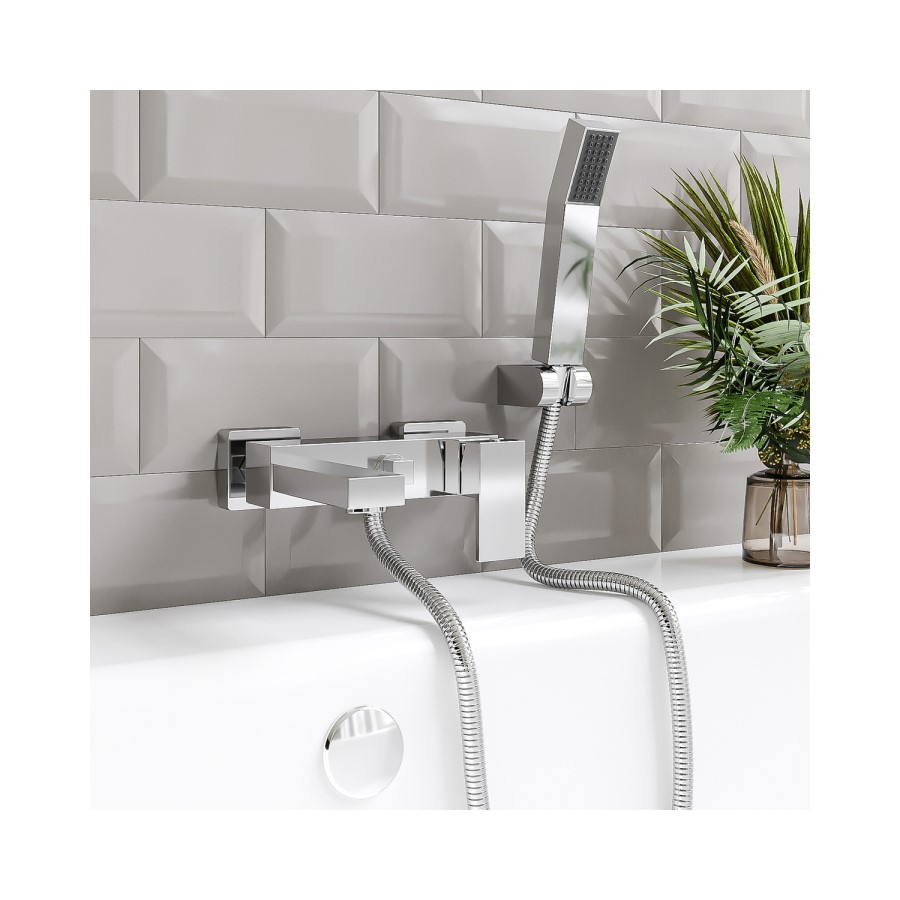 Chrome Wall Mounted Bath Shower Mixer Tap - Cube