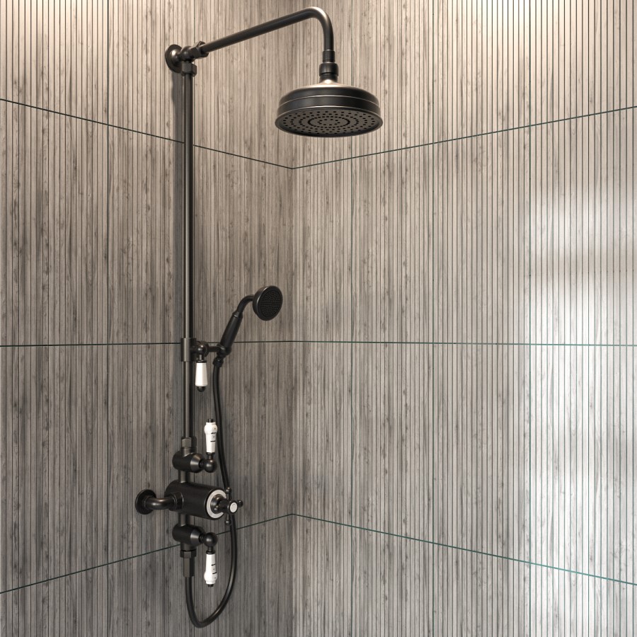 GRADE A2 - Black Traditional Thermostatic Mixer Shower with Round Overhead & Handset - Camden