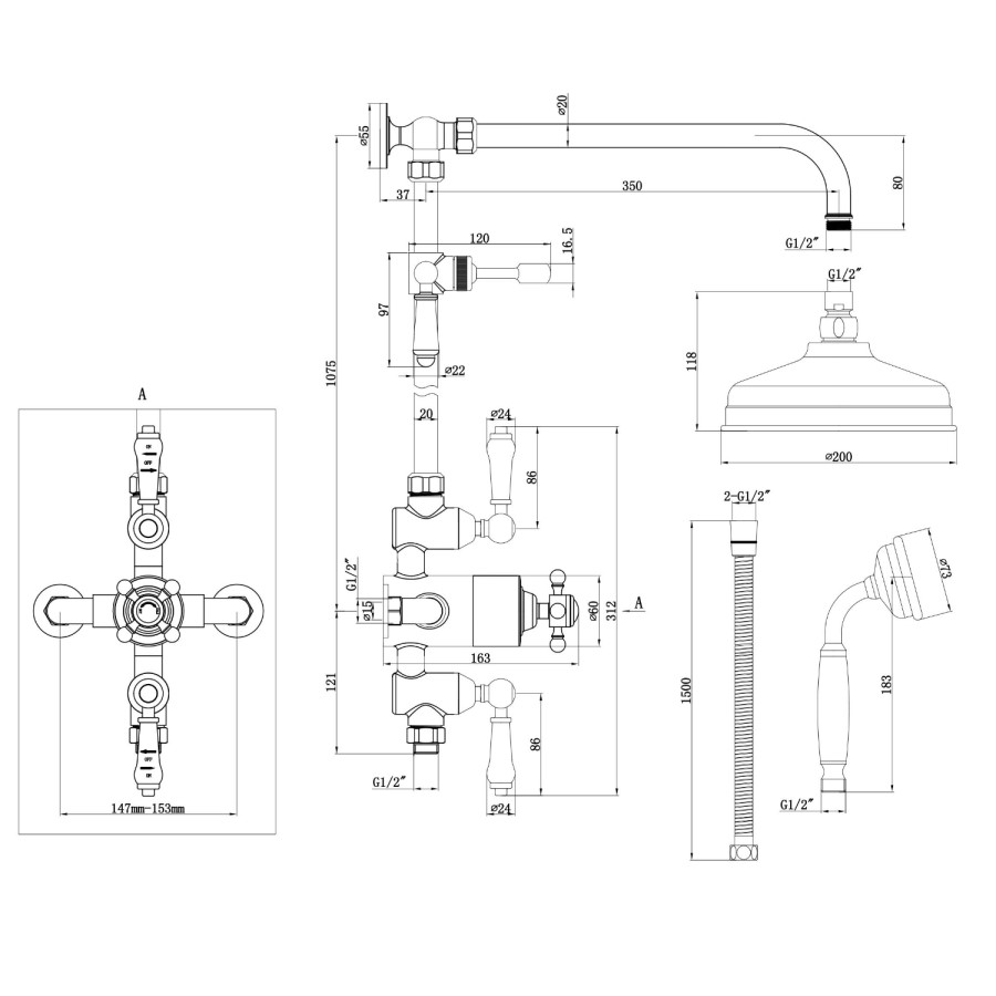 GRADE A2 - Traditional Exposed Thermostatic Shower Set Matt Black - Camden