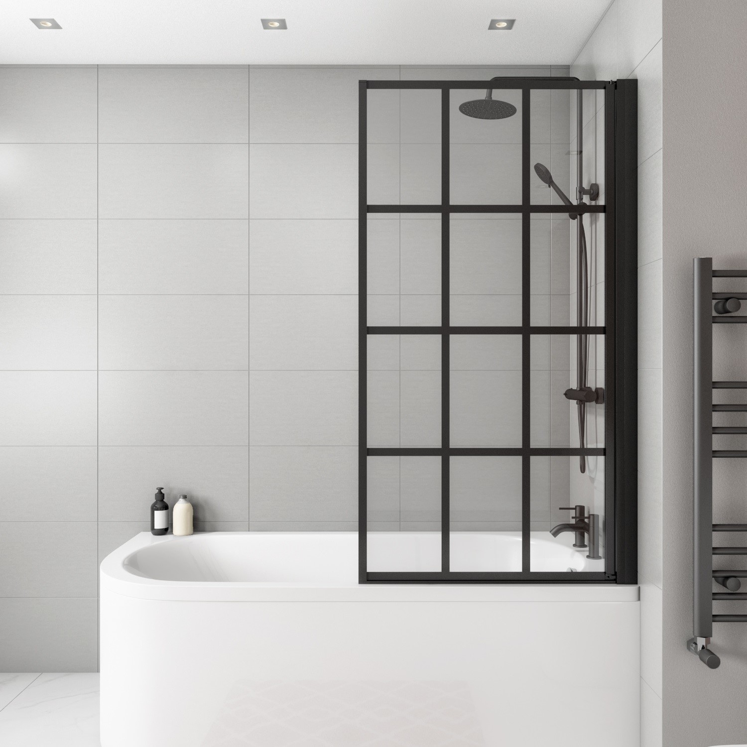 Black Grid Bath Shower Screen 1500mm, Bathtub Size Shower Panel