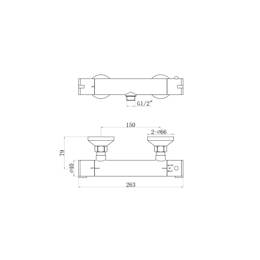 Flow thermostatic round bar shower valve - bottom outlet