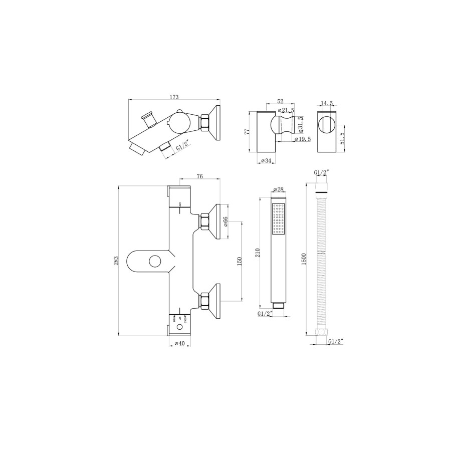 Themostatic Bath Shower Mixer Tap Wall Mounted with Handset - Flow