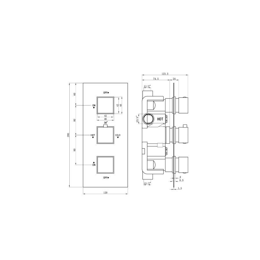 Cube square triple shower valve - 2 outlets