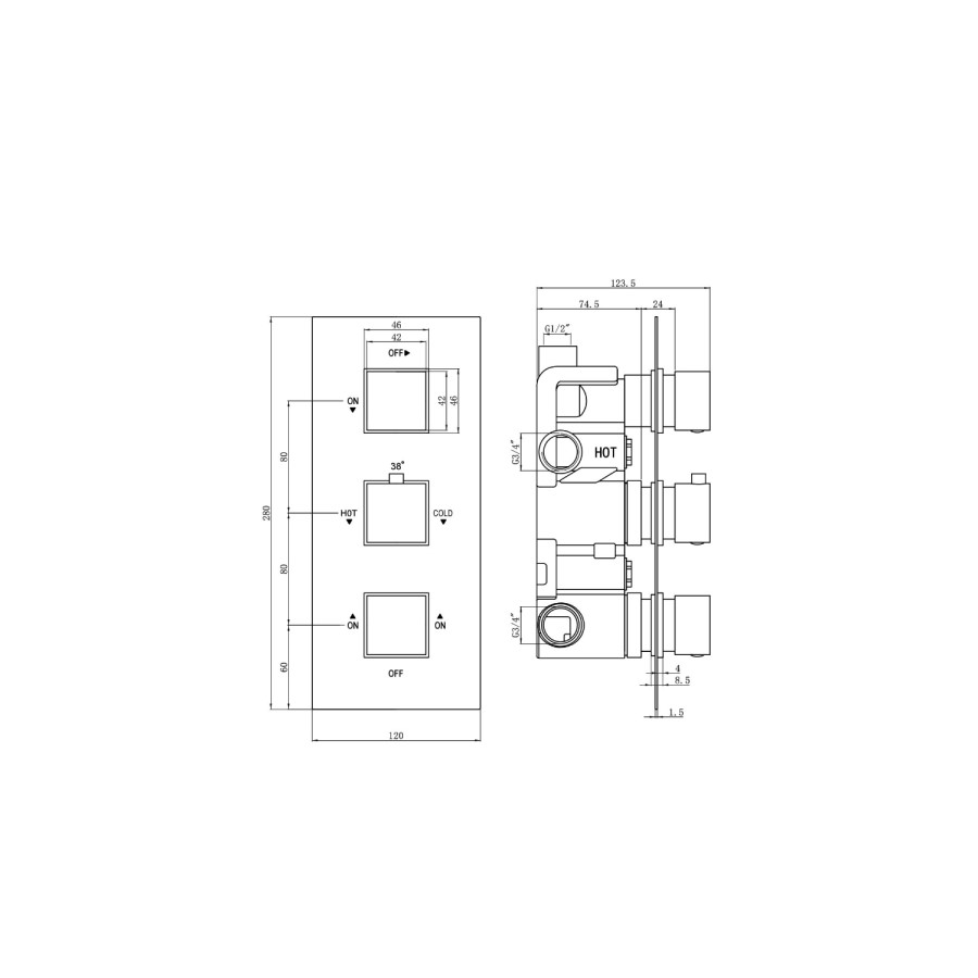 Cube square triple shower valve with diverter - 3 outlets