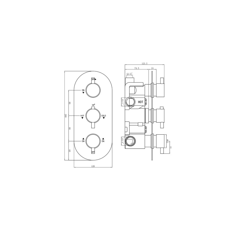 Flow round triple shower valve with diverter - 3 outlets