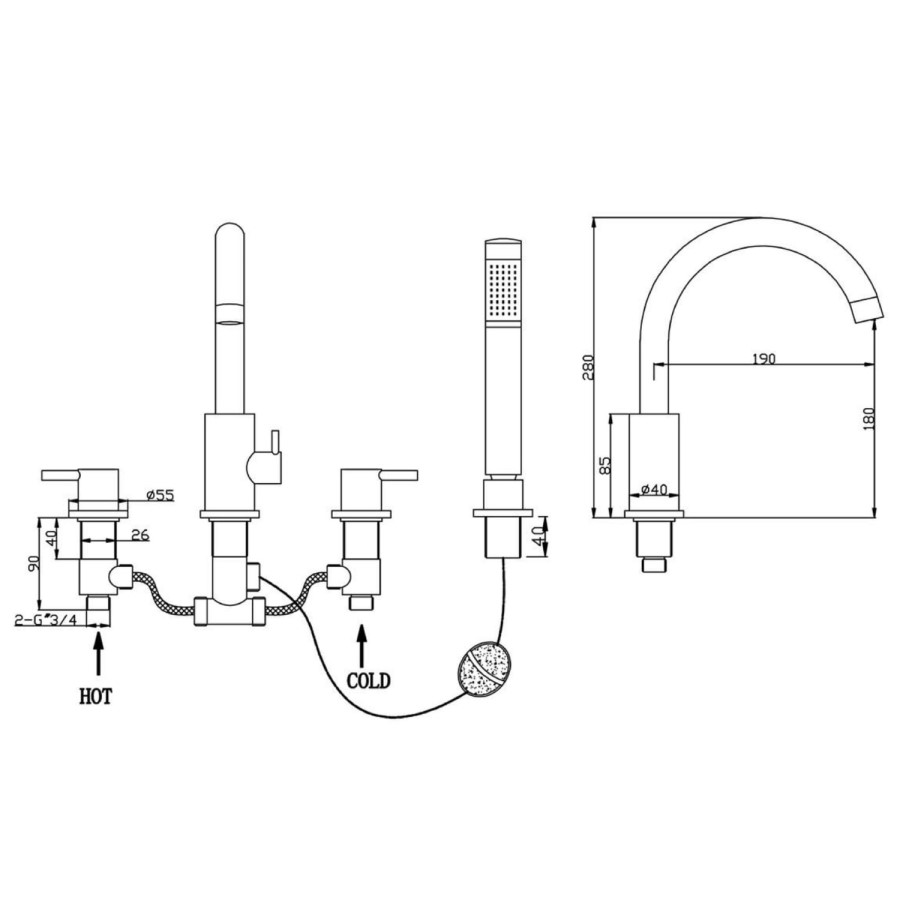 Chrome 4 Hole Bath Shower Mixer Tap - Arissa