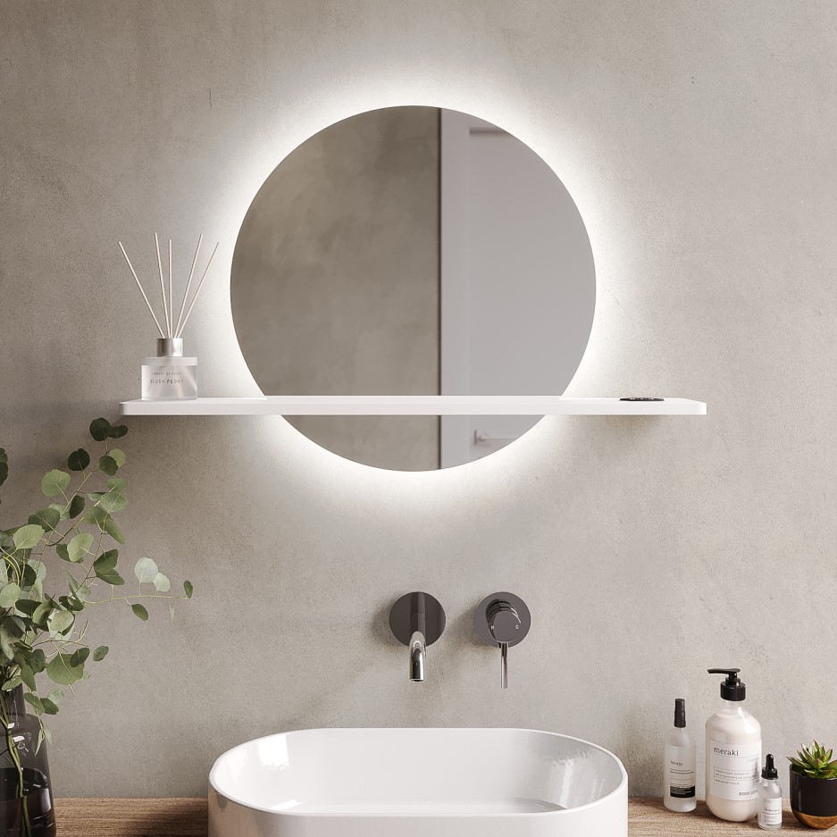 GRADE A1 Round LED Bathroom Mirror with White Shelf 500mm Ersa Better Bathrooms