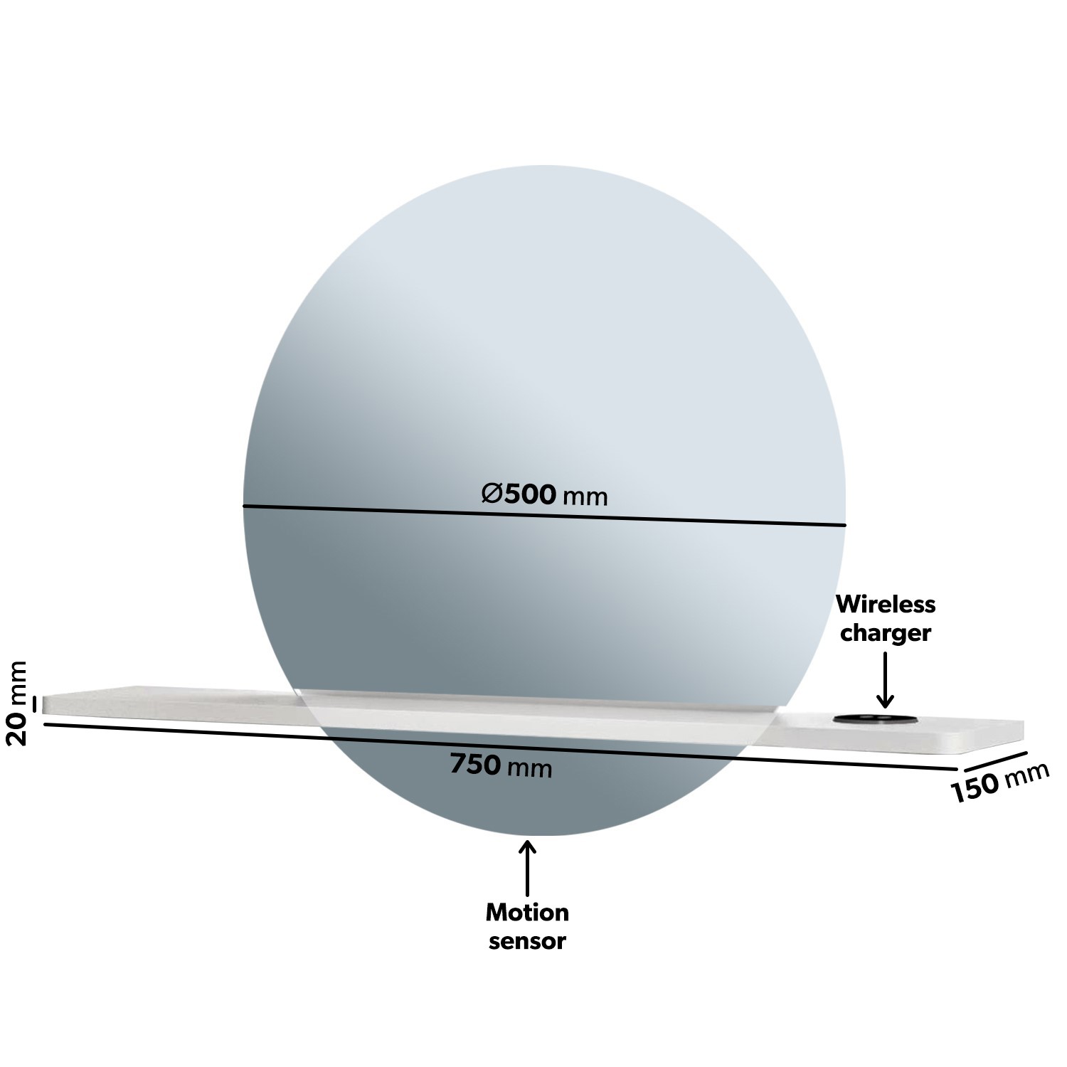 Round Backlit LED Bathroom Mirror with Demister and White Shelf 500mm