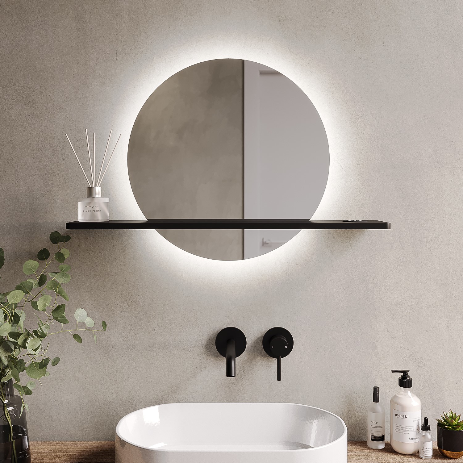 Round Backlit Heated Bathroom Mirror with Lights & Black Shelf 500mm ...