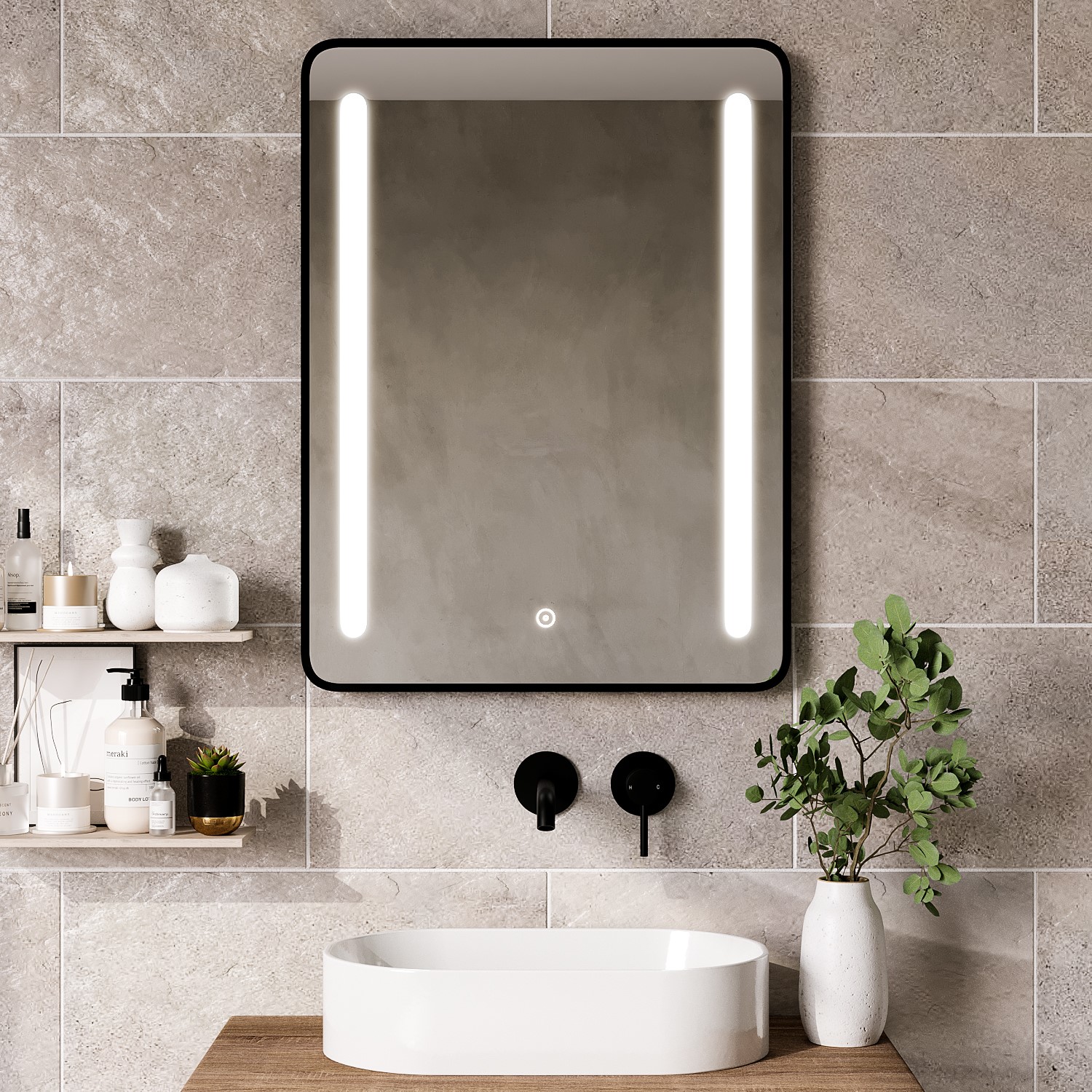 Rectangular Black Heated Bathroom Mirror with Lights 600 x 800mm ...