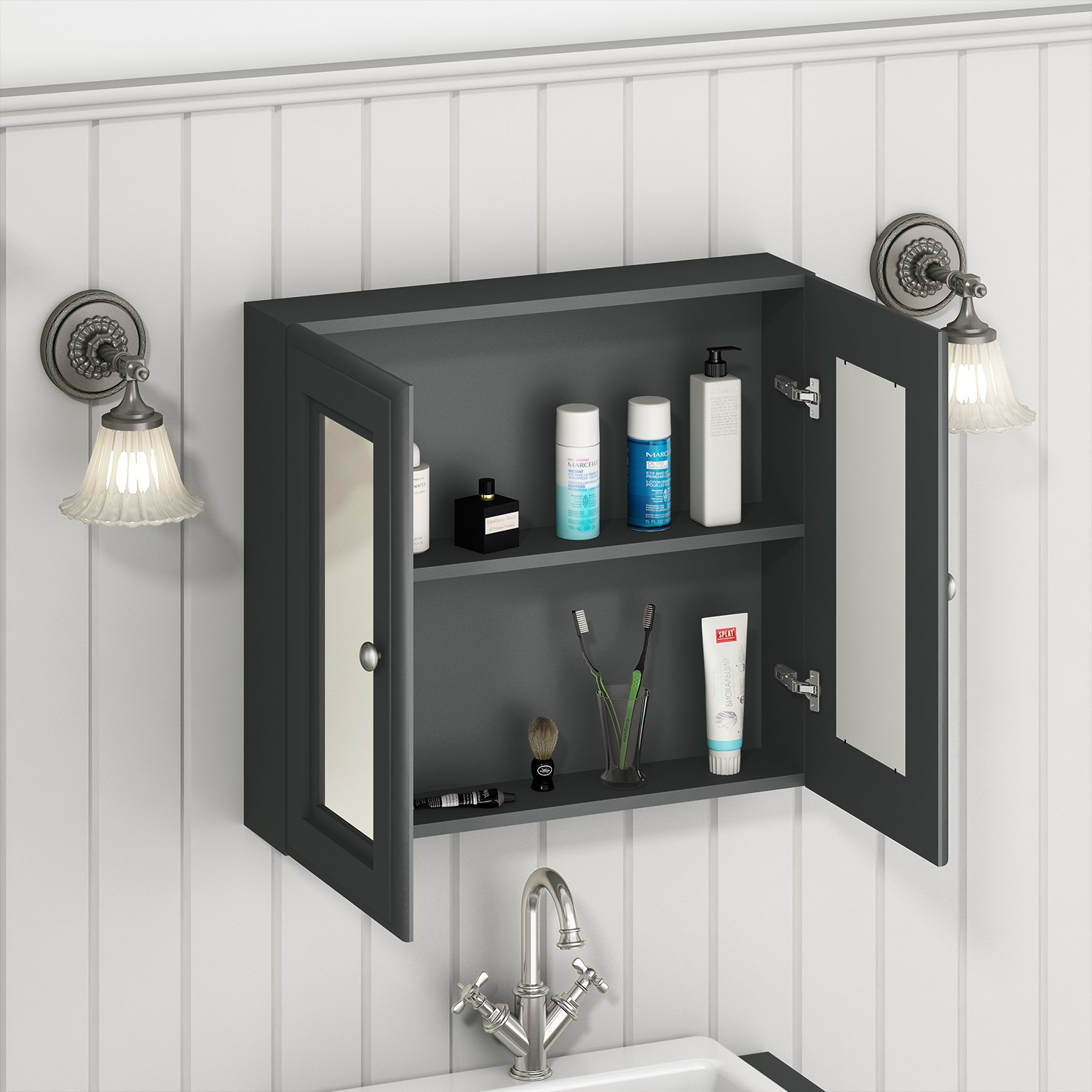 GRADE A1 - Dark Grey Mirrored Wall Bathroom Cabinet 667 x 600mm ...