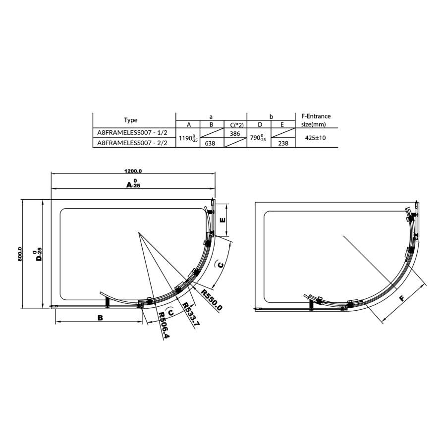 1200 x 800mm Quadrant Sliding Enclosure - Frameless